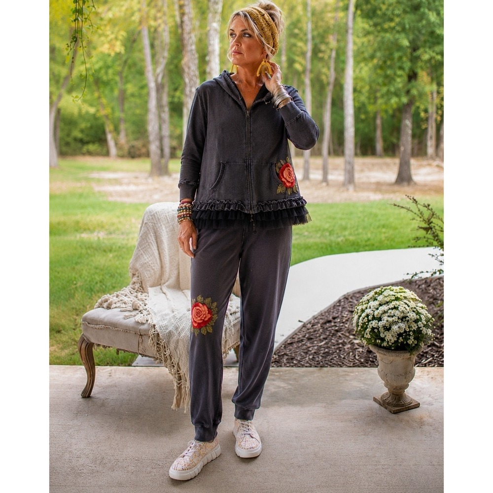Jaded Gypsy Mineral Wash Rose Embroidered Hoodie Jogger Tracksuit Set- S/M